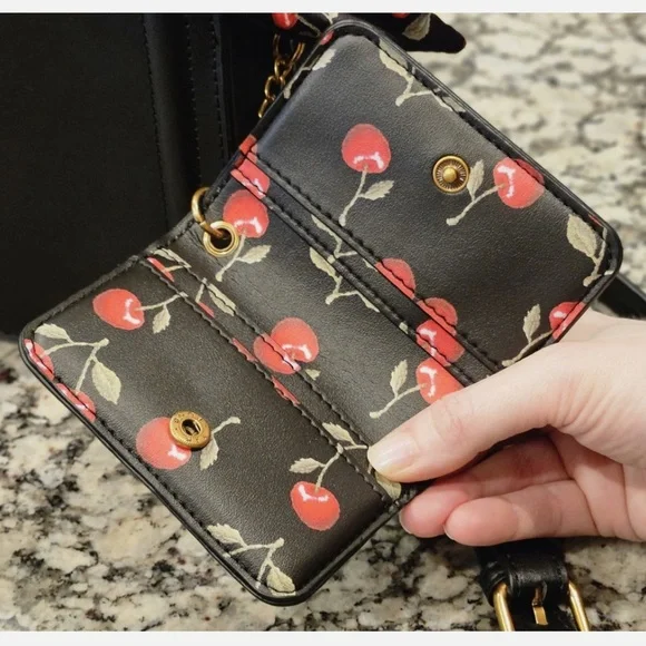 Steve Madden Bevelyn Black Top-Handle Satchel with Cherry-Print Scarf - Picture 3 of 8